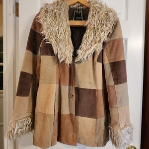 Patchwork Teddy Jacket with Faux Fur Trim